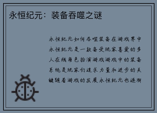 永恒纪元：装备吞噬之谜